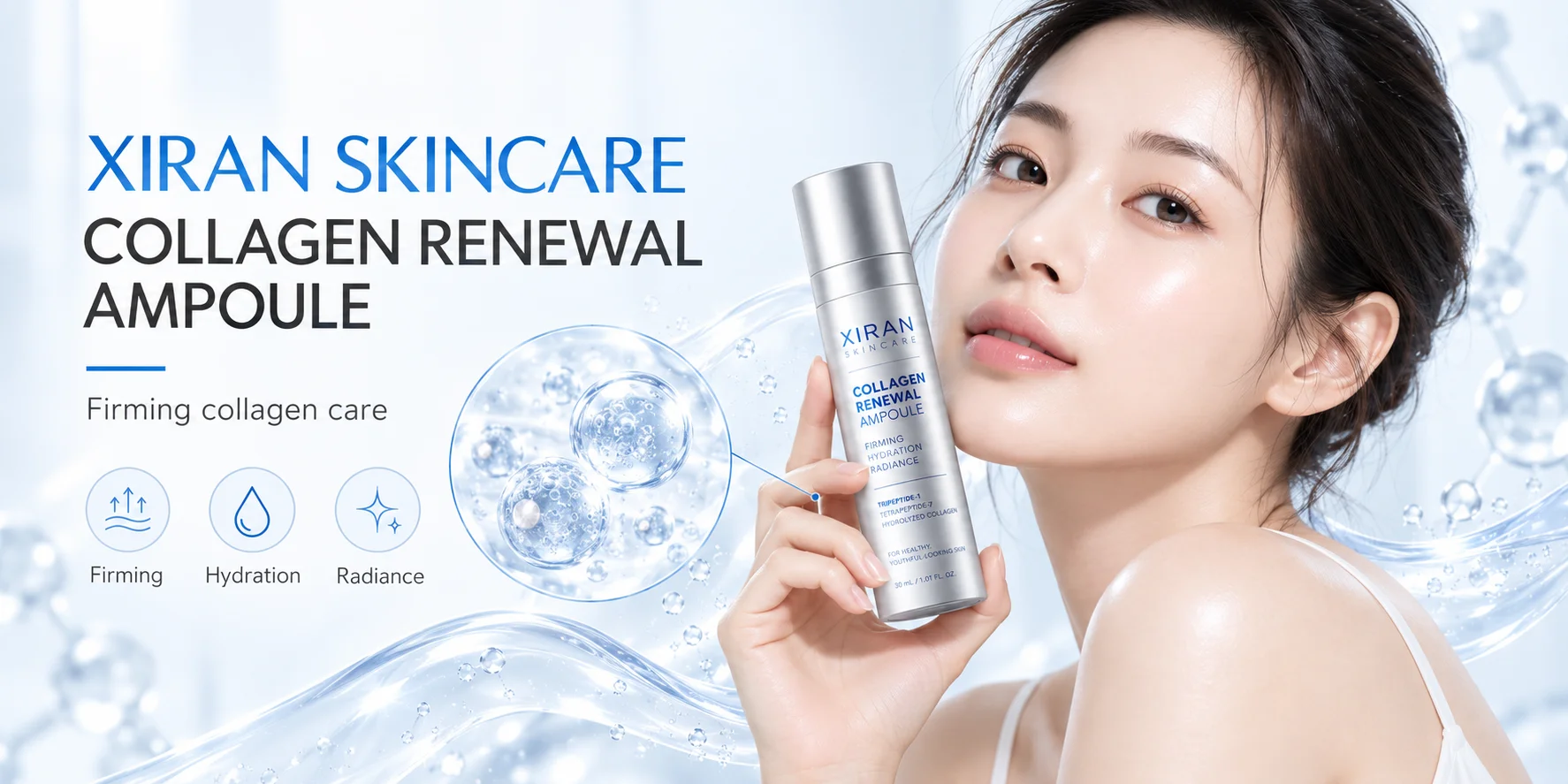 Xiran Skincare Collagen Renewal Ampoule held by a woman with glowing skin, promoting firming, hydration, and radiance benefits.